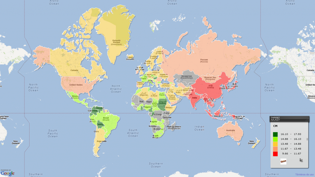 Mapa con el tamaño medio del pene por países.